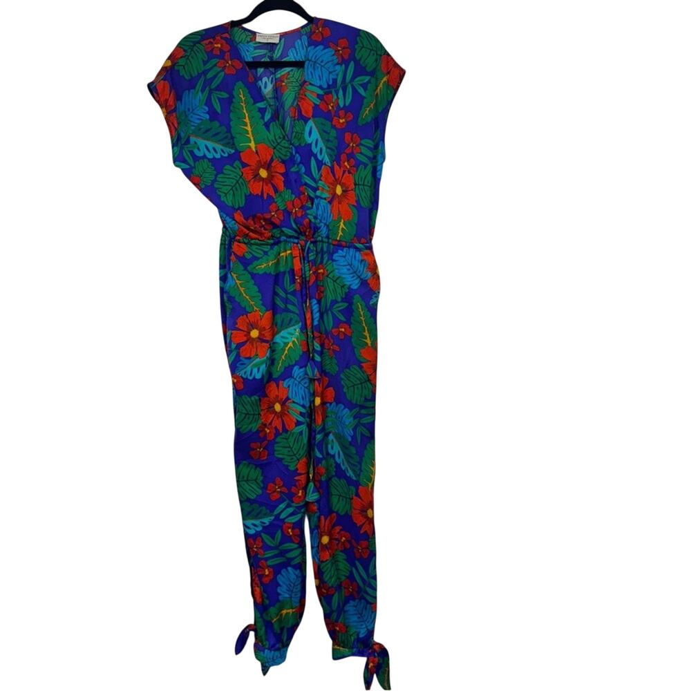 Dress Forum Blue Red Tropical Print Jumpsuit Womens S Beachy Vacation Casual